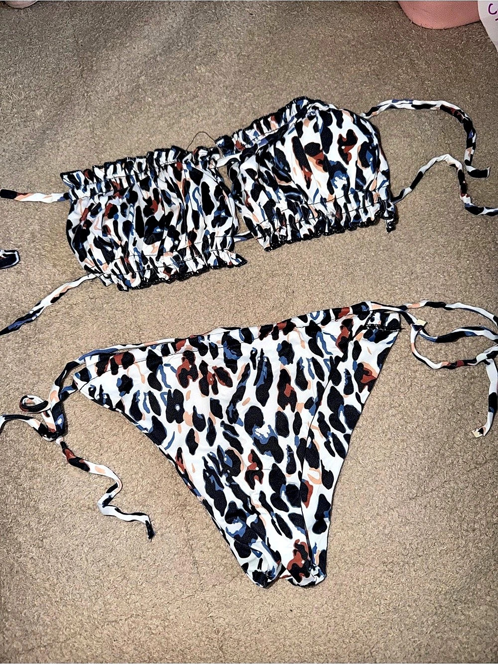 Leopard Frill Trim Bandeau Tie Side Tanga Bikini Set Summer Beach